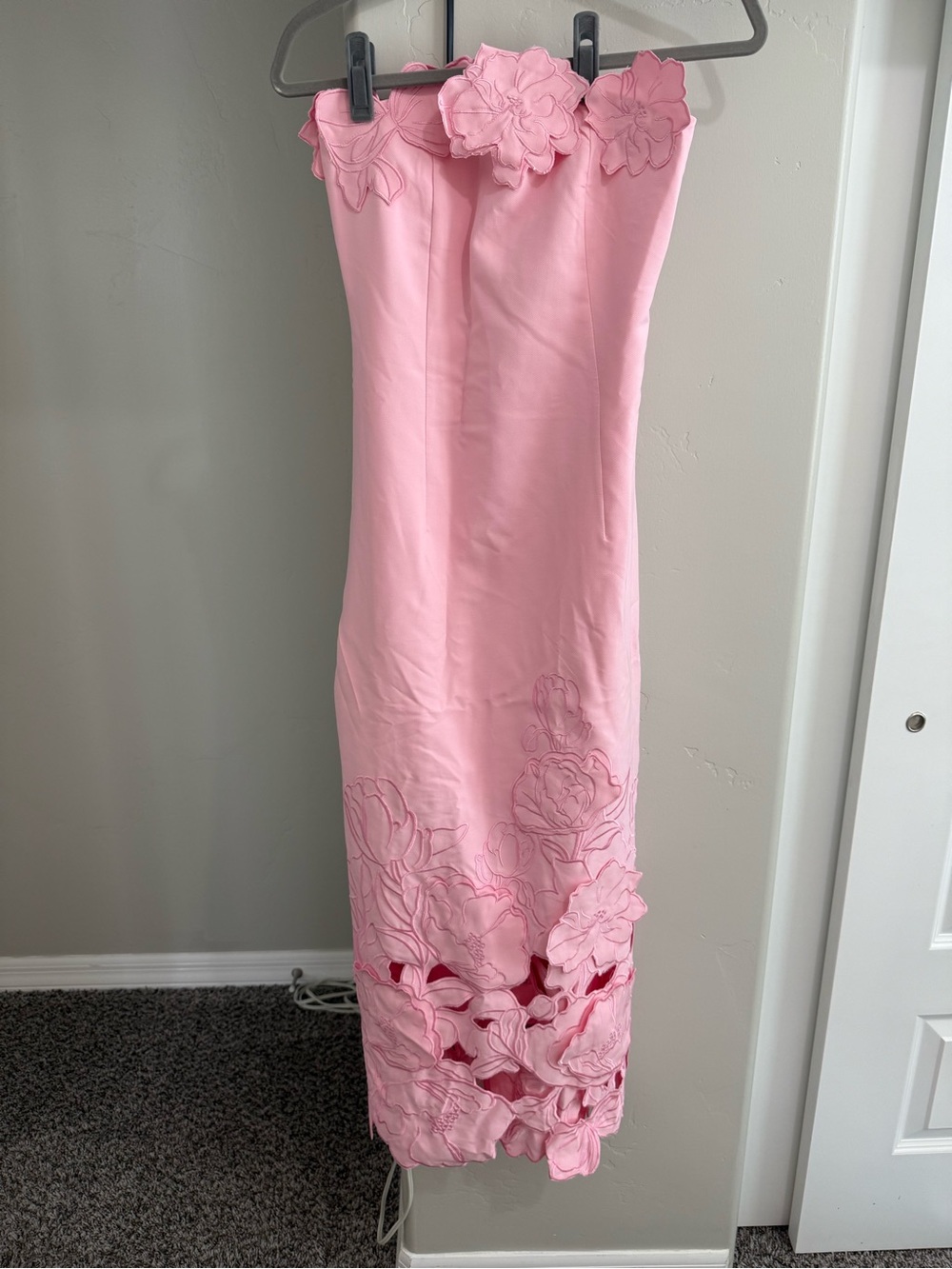 Strapless Pink Midi Dress with Floral Applique